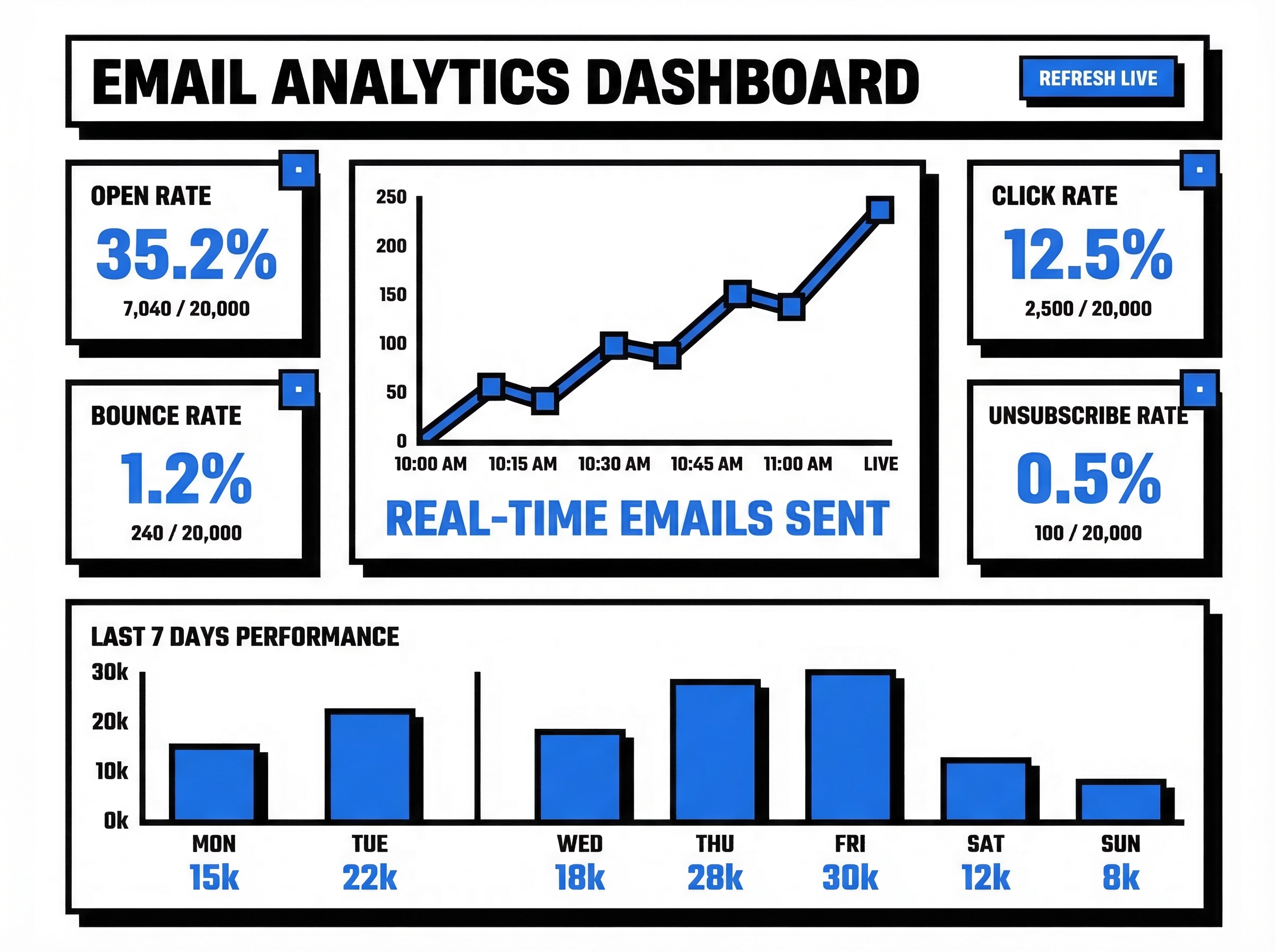 Real-time email analytics dashboard with charts and metrics