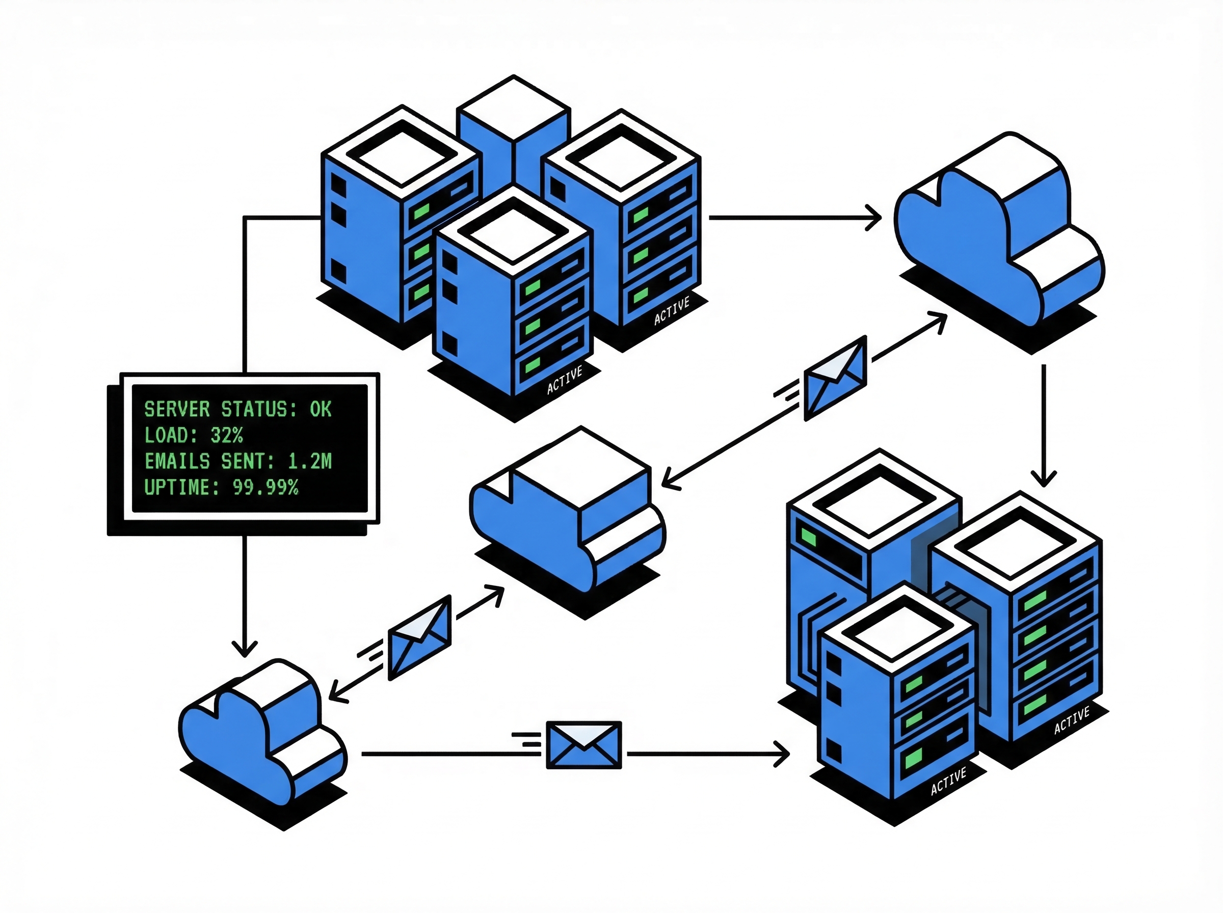 Direct email infrastructure with server nodes and cloud delivery