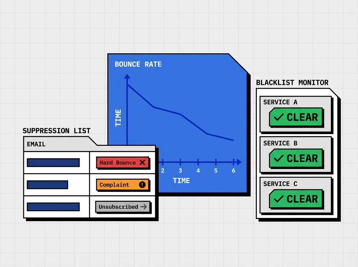 Suppression list, bounce rate trend, and blacklist monitor