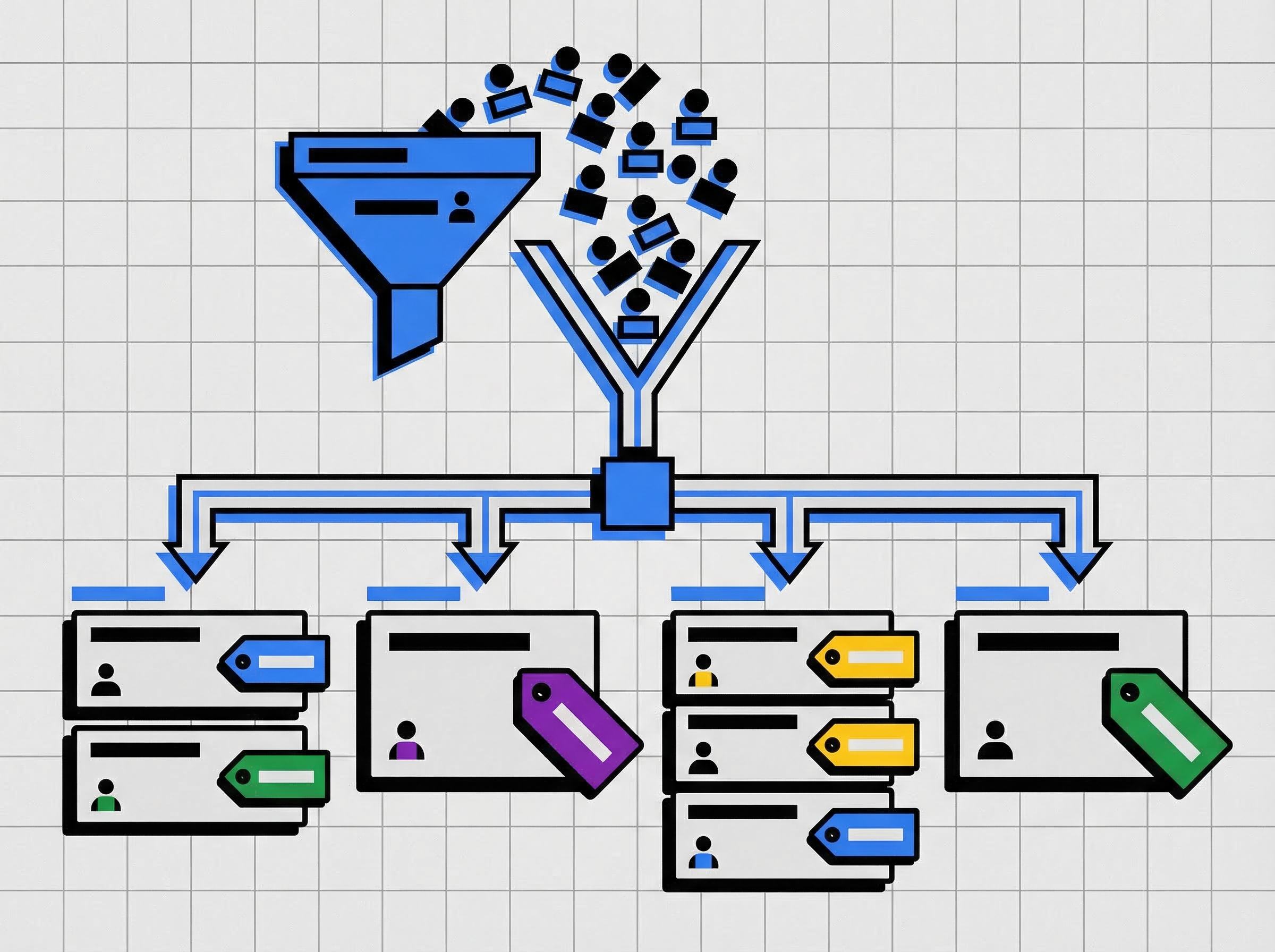 Audience segmentation funnel with tagged subscriber groups